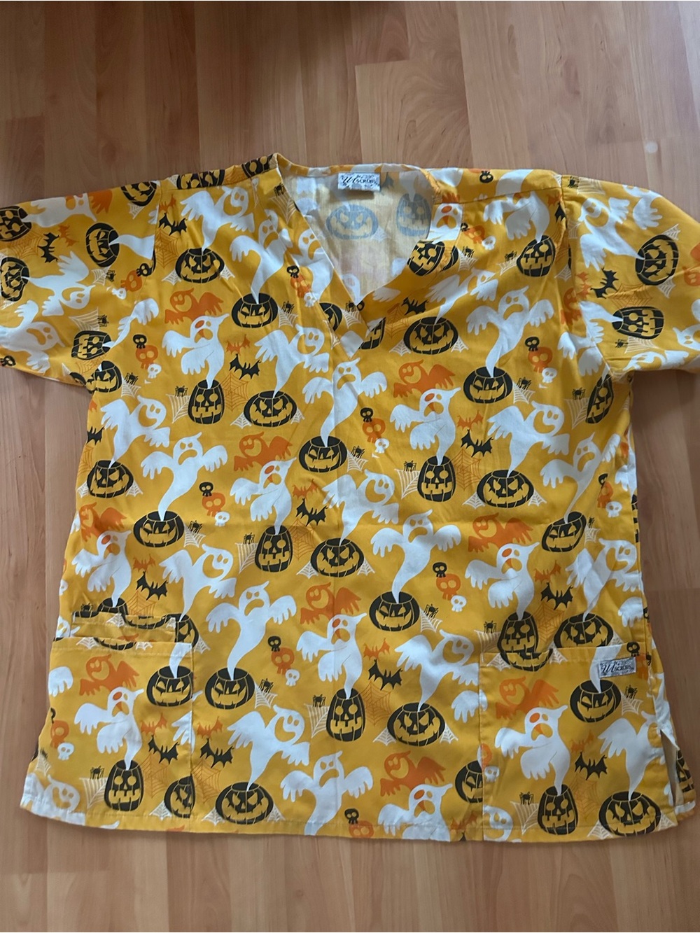 Yellow Halloween Ghosts Scrub V Neck ScrubStyle